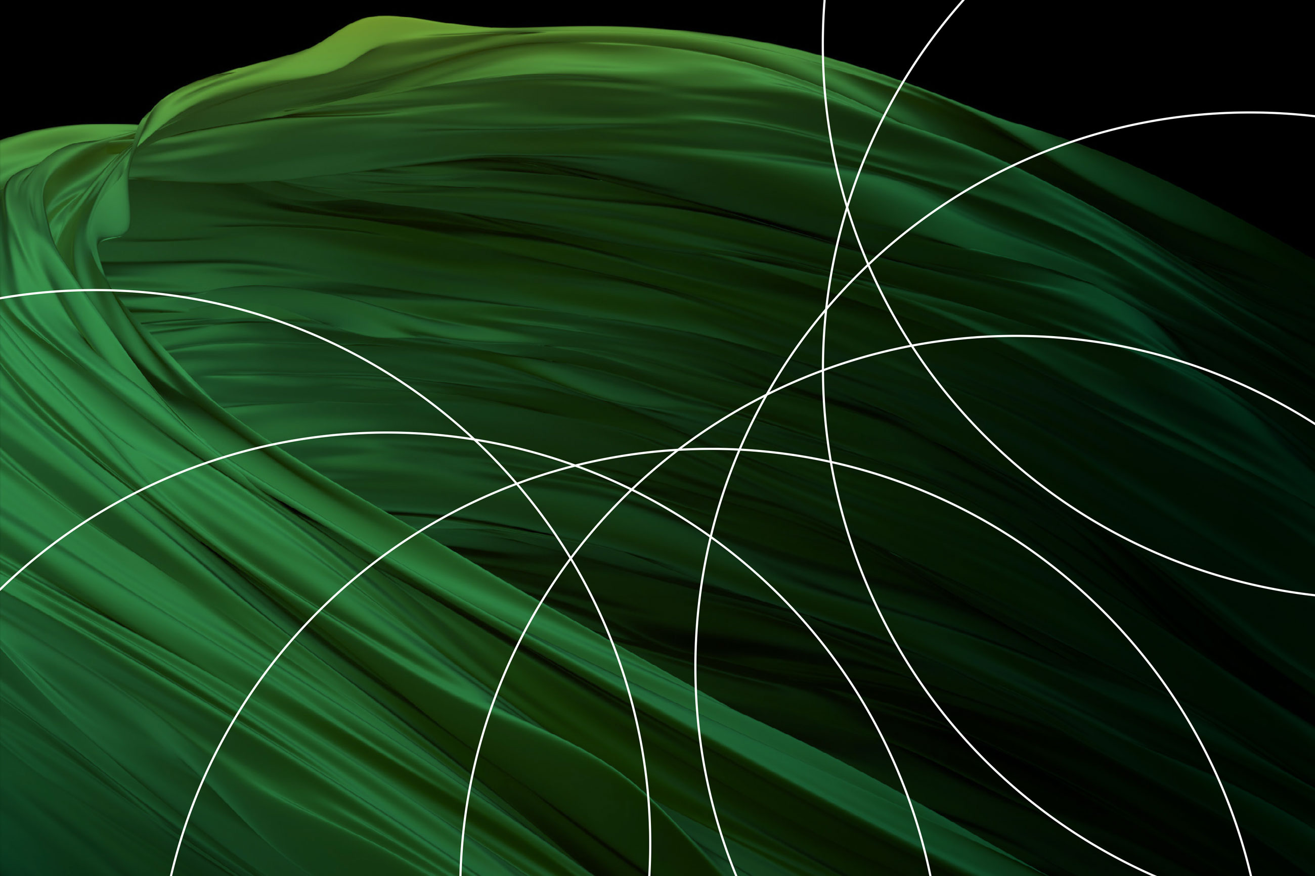 An abstract digital image featuring flowing green textures overlaid with intersecting white curved lines on a black background.