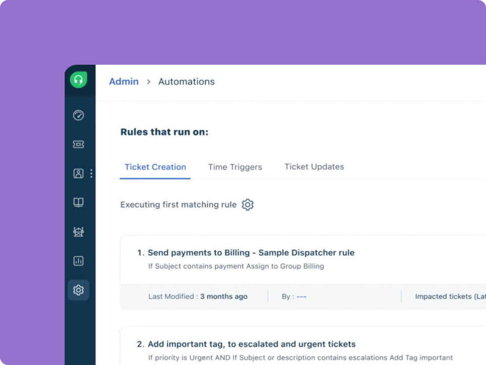 Screenshot of the Freshworks Freshdesk admin automations screen displaying rules for ticket creation in a customer support system, with a left-side navigation bar and a purple background.
