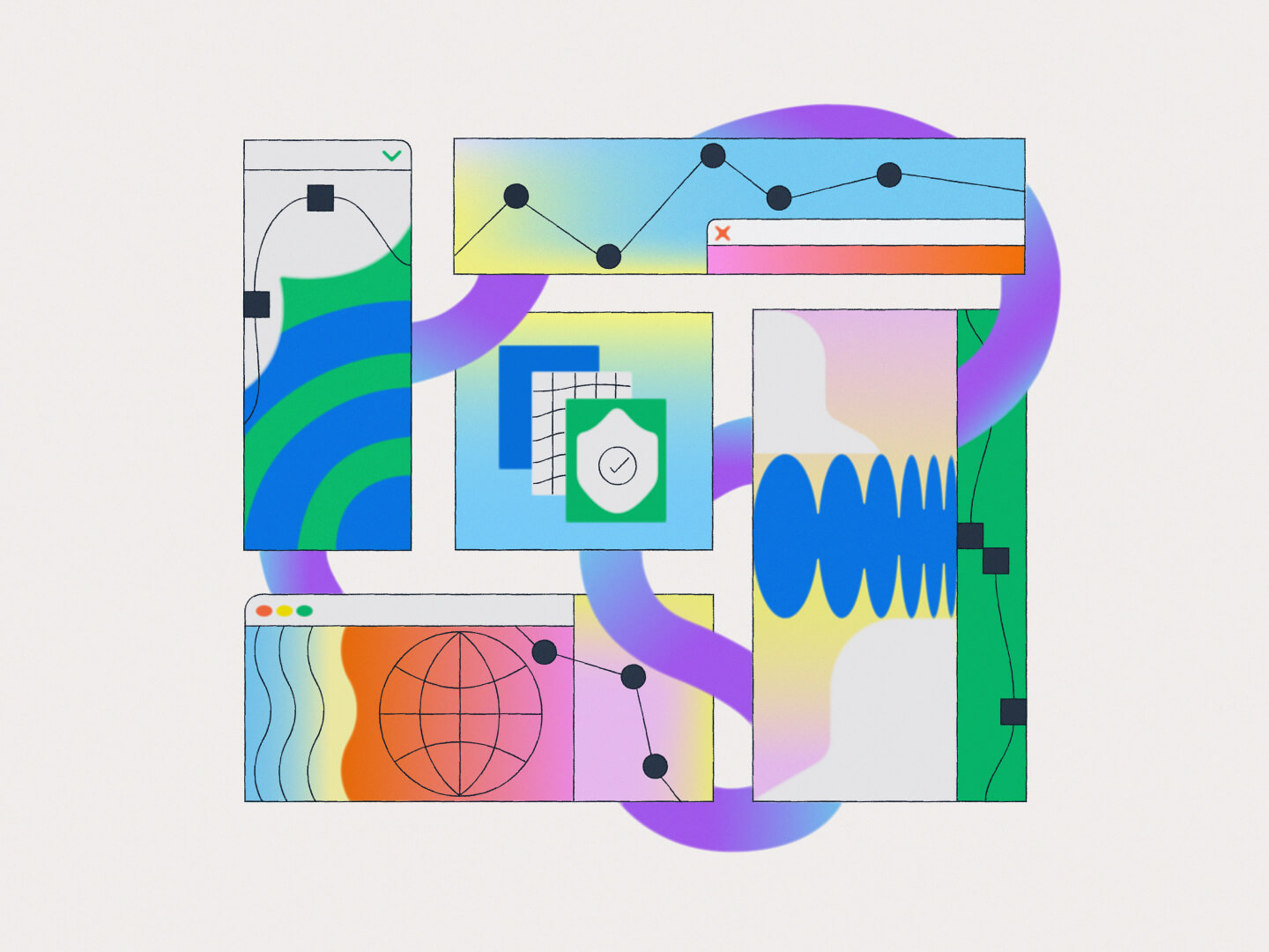Flat illustration showing colorful user interface elements