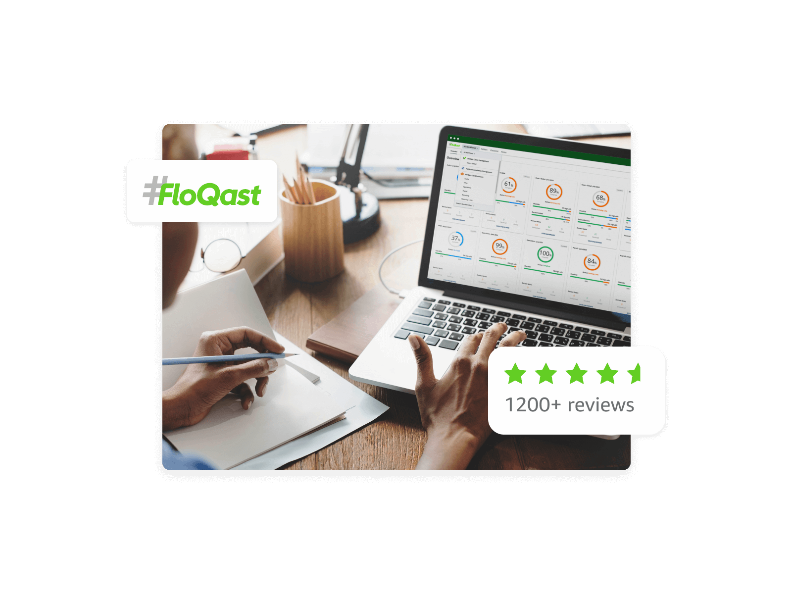 FloQast platform overview UI on laptop