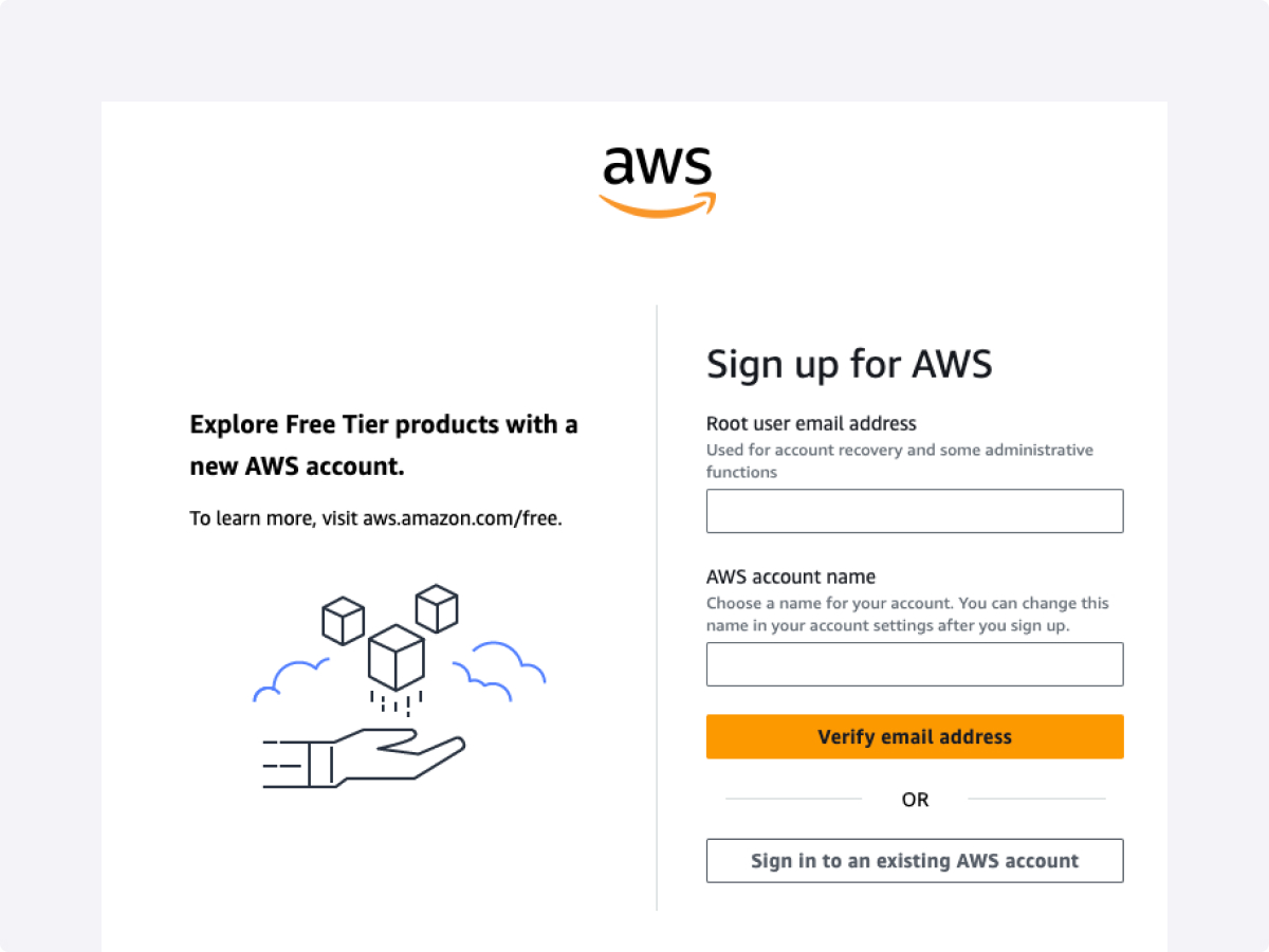 Get started sign up process UI step 1