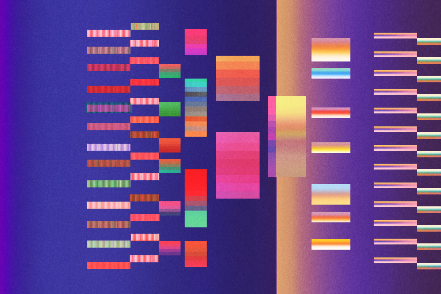 Gradient blocks floating over a dark navy background