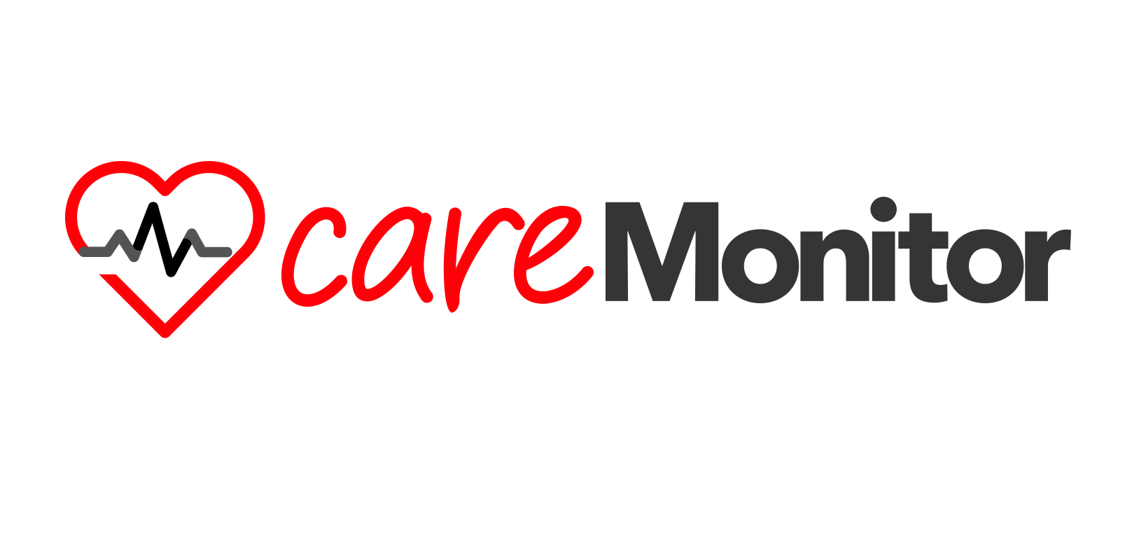 CareMonitor logo featuring a red heart outline with ECG line and the text 'careMonitor' on a transparent background.