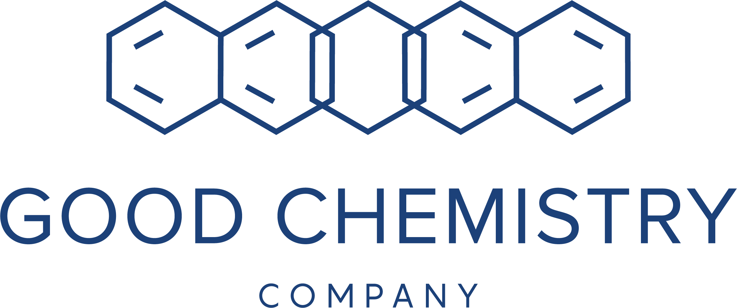 Outline logo of Good Chemistry Company with interconnected hexagonal chemical structure and company name text on a transparent background.