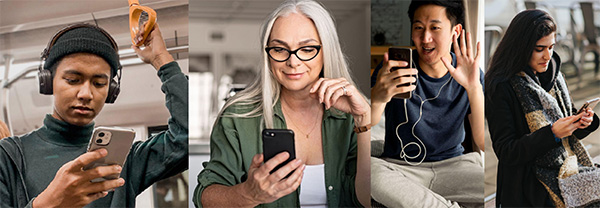 A collage of diverse individuals using smartphones in various settings, including public transport, indoors, and outdoors.