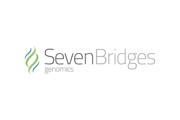 Logo for Seven Bridges Genomics featuring stylized DNA strands and the company name in a modern font.