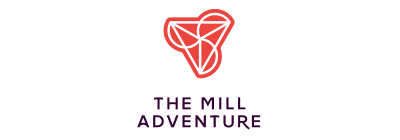Logo of The Mill Adventure, featuring a geometric red icon above the company name on a white background.