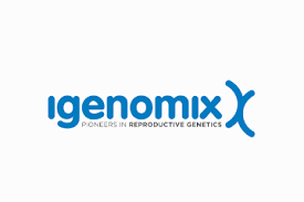 Igenomix company logo with the tagline 'Pioneers in Reproductive Genetics' in blue text on a white background.