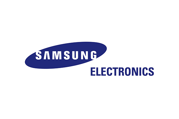 Samsung Electronics logo with blue text and oval shape on a white background.