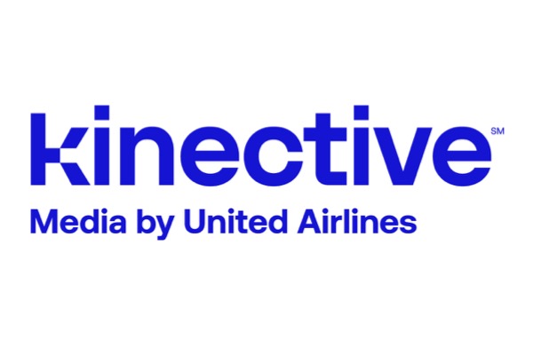 Logo for Kinective Media by United Airlines, featuring the text 'kinective' in blue followed by 'Media by United Airlines' beneath it on a white background.