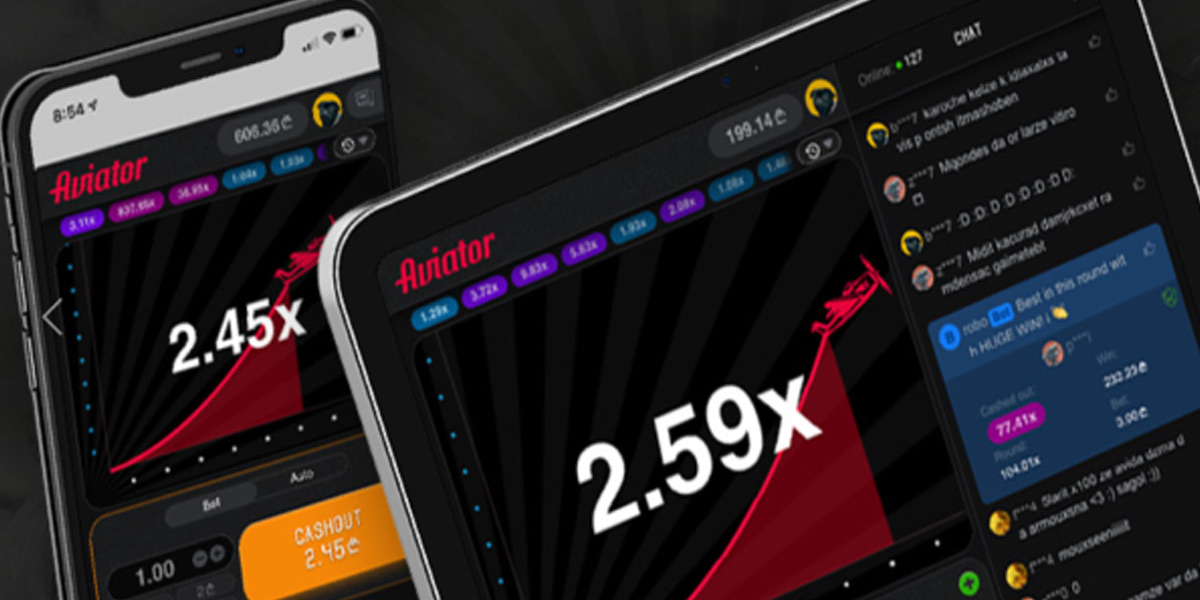 Two screens displaying the Aviator game interface with multiplier values and a chat section visible.