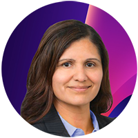 Headshot of a professional woman with medium-length brown hair, wearing a business suit, with a colorful purple and pink gradient background.