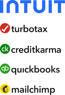 The image displays the Intuit logo at the top with the logos and names of its products: TurboTax, Credit Karma, QuickBooks, and Mailchimp, each with their respective branding icons.