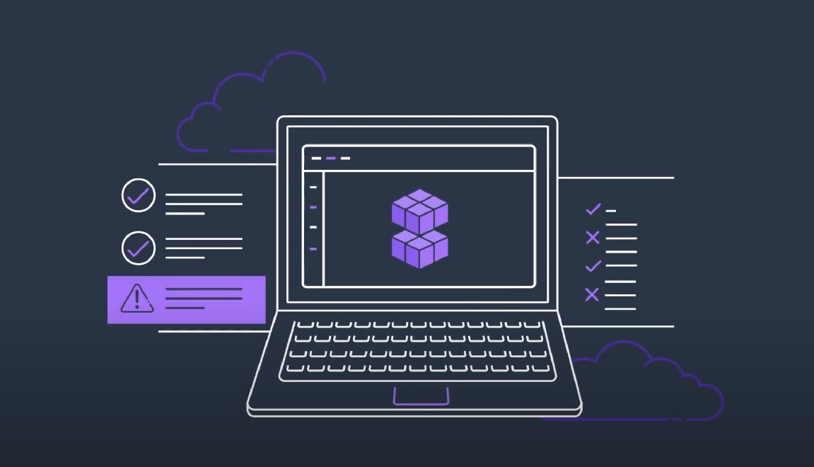 Illustration of a laptop displaying AWS cloud and resiliency concepts, with cloud icons, checklists, and a cube symbol, representing cloud computing and system reliability.