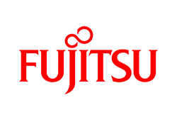 The official logo of Fujitsu, featuring the company name in red text with a distinctive infinity symbol above the 'J'.
