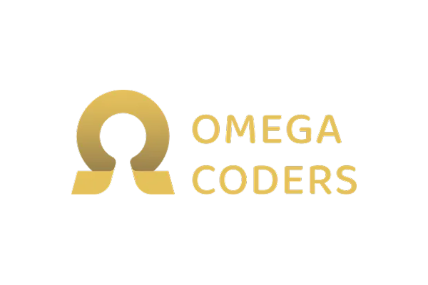 The logo for Omega Coders, featuring a gold omega symbol and gold text that reads 'OMEGA CODERS' on a transparent background.