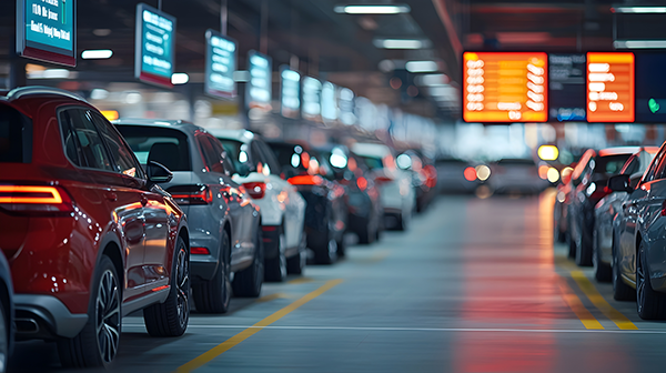 Cars parked in a brightly lit indoor parking garage with digital signs displaying information overhead.