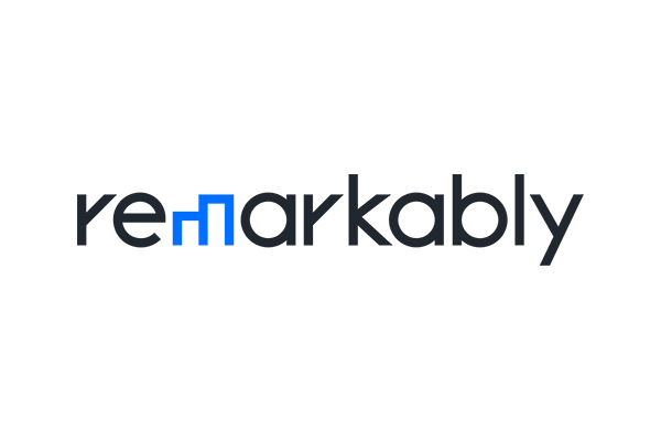 Logo for Remarkably, featuring the company name in stylized text with a blue element as part of the 'm'.