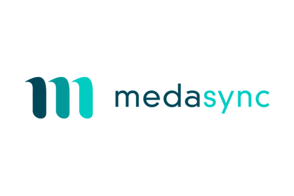 Logo for MedaSync, featuring the company name in stylized teal and navy blue text on a white background.