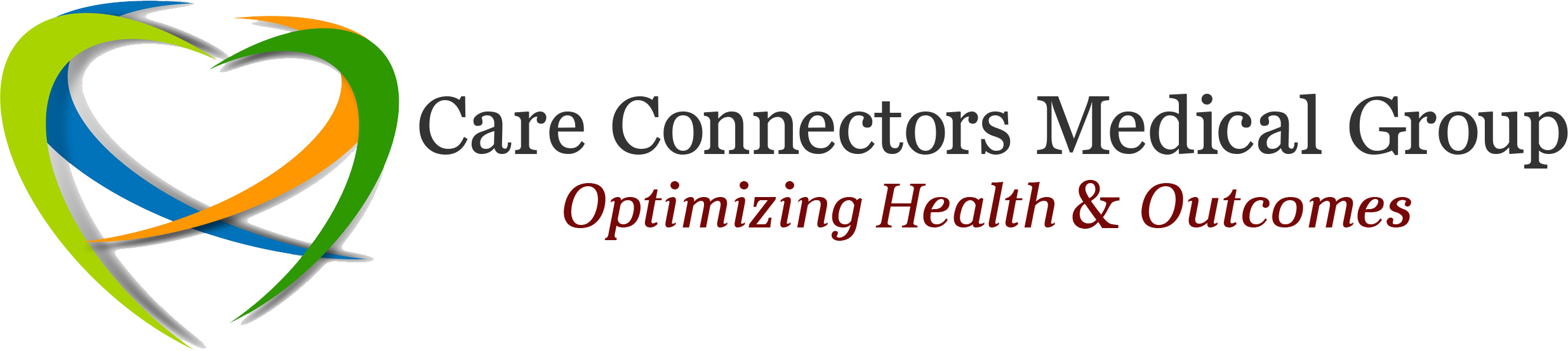 Logo for Care Connectors Medical Group with the slogan 'Optimizing Health & Outcomes' and an abstract heart-shaped design in green, orange, blue, and gray.