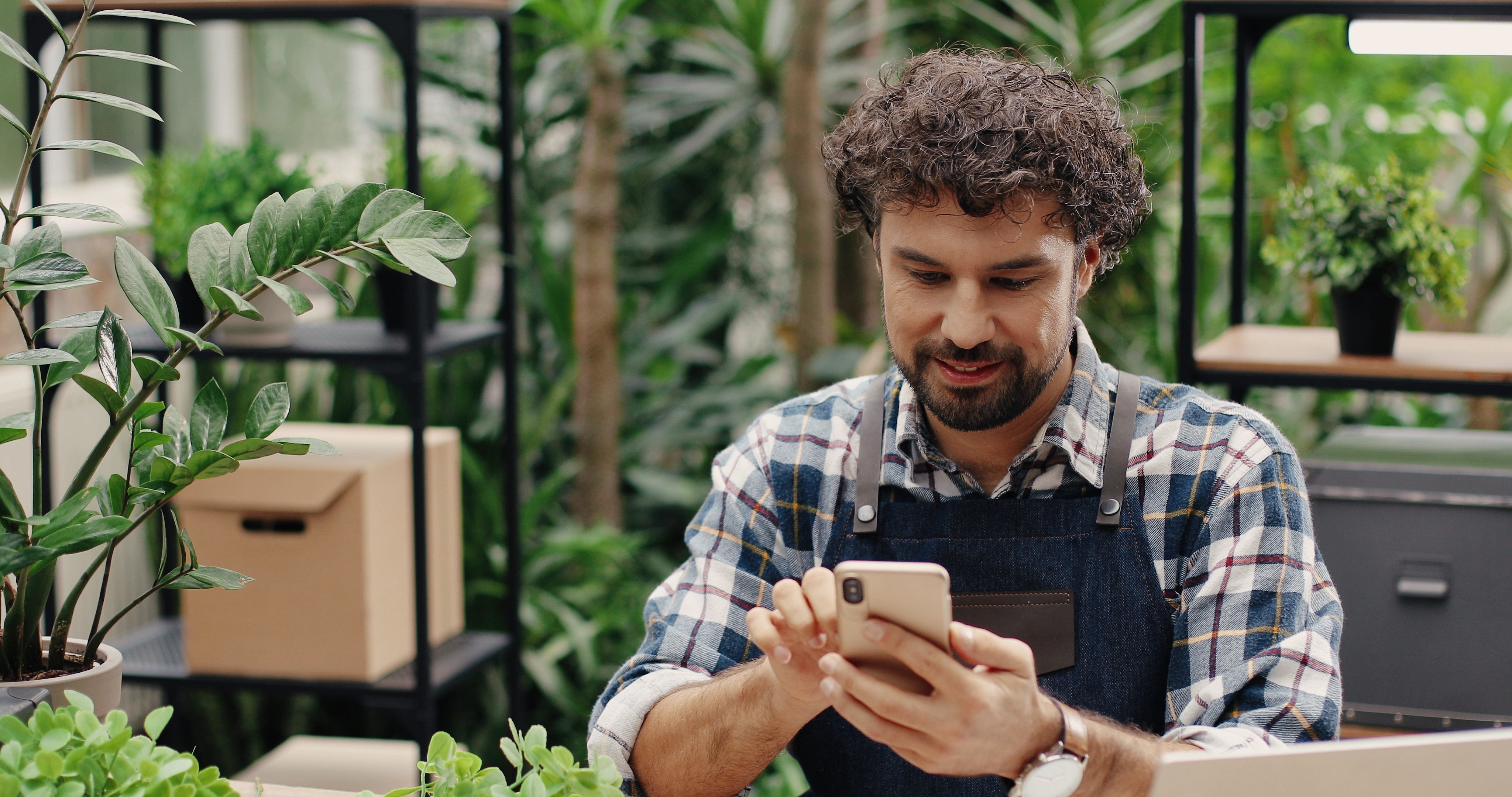 Close up portrait of cheerful Caucasian male entrepreneur texting on smartphone while sitting in flower shop in apron. Happy man employee typing on cellphone at work. Floral concept; Shutterstock ID 1852040395; purchase_order: -; job: -; Use Case: (internal materials or creative mockup): -