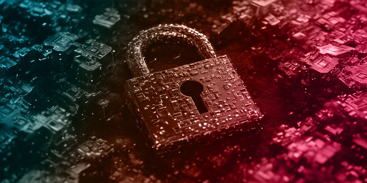 A metallic padlock surrounded by abstract, circuit-like patterns with a gradient of blue and red lighting.