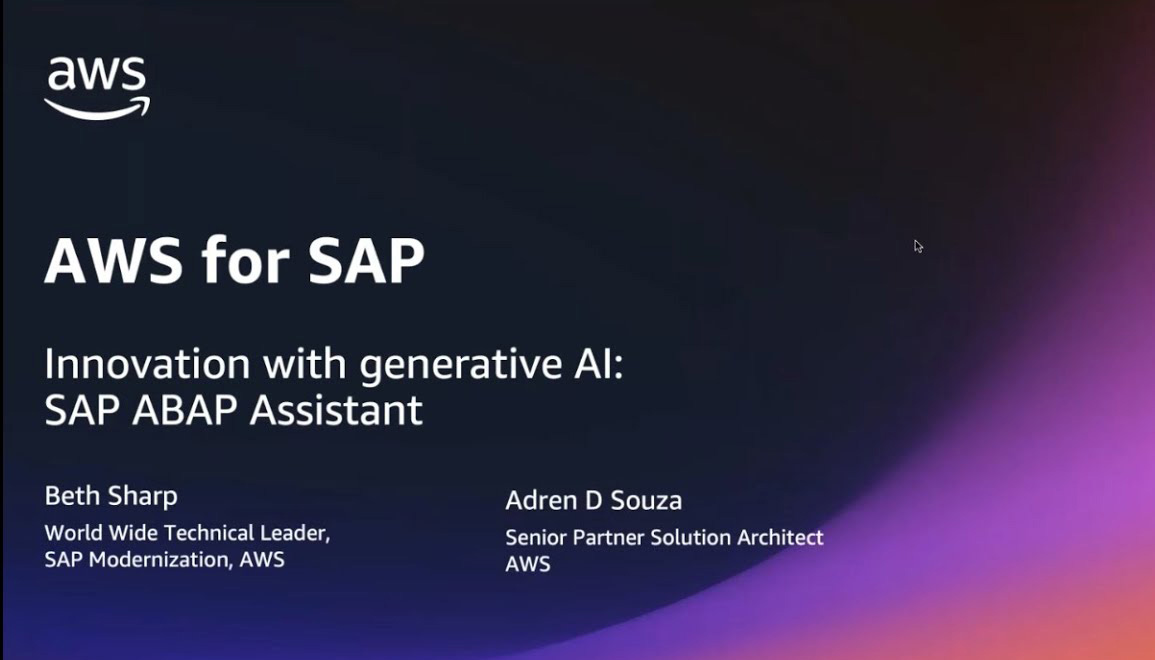 YouTube thumbnail for an AWS for SAP session titled 'Innovation with generative AI: SAP ABAP Assistant,' featuring Beth Sharp and Adren D Souza. The image has a dark background with a gradient, AWS logo, and session details.