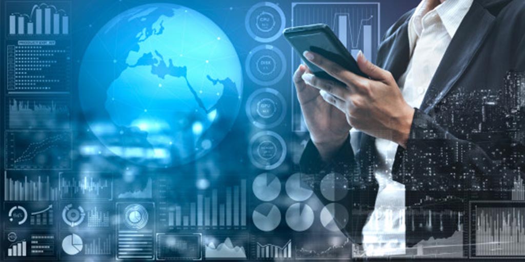 A business professional using a smartphone with a global map, data visualizations, and analytics charts overlayed in a digital interface, representing business analytics and global data insights.