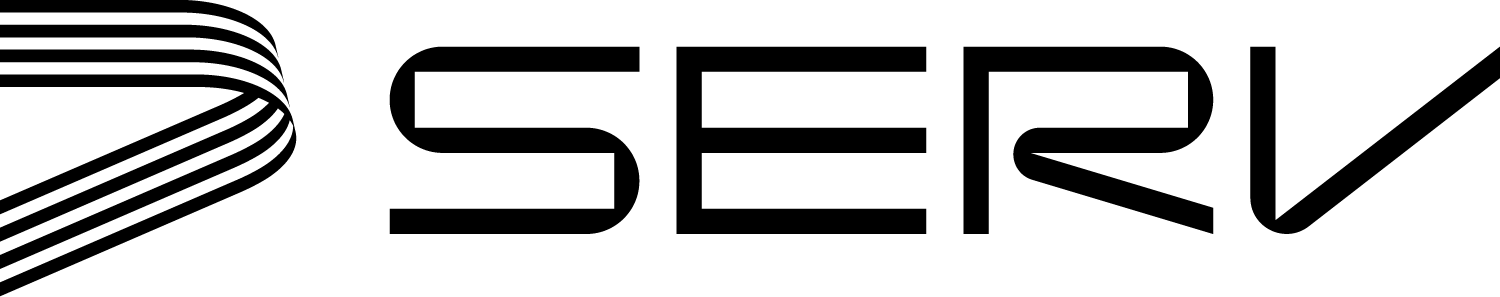 The SERV logo in black text with a stylized ribbon design on the left.