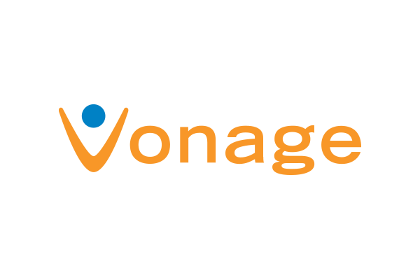 The logo of Vonage, featuring the company name in orange text with a distinctive blue dot above the letter 'V'.