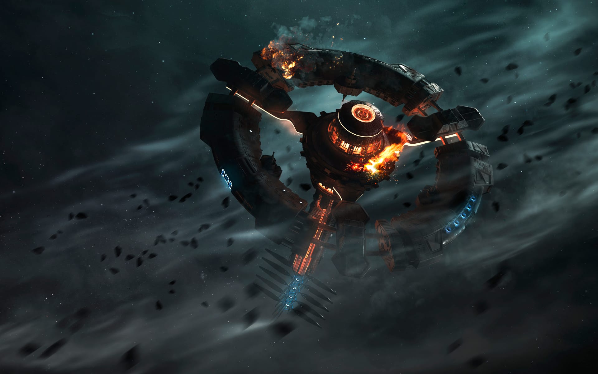 Digital art of a futuristic space station on fire and exploding in space, with debris and smoke surrounding the station against a starry background.