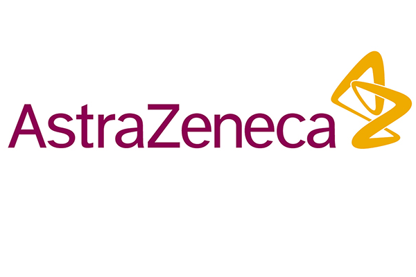 AstraZeneca logo in a horizontal orientation with the company name in purple text and a yellow stylized symbol on a white background.