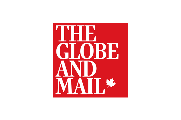 The logo of The Globe and Mail, featuring white text on a red square background with a maple leaf graphic.