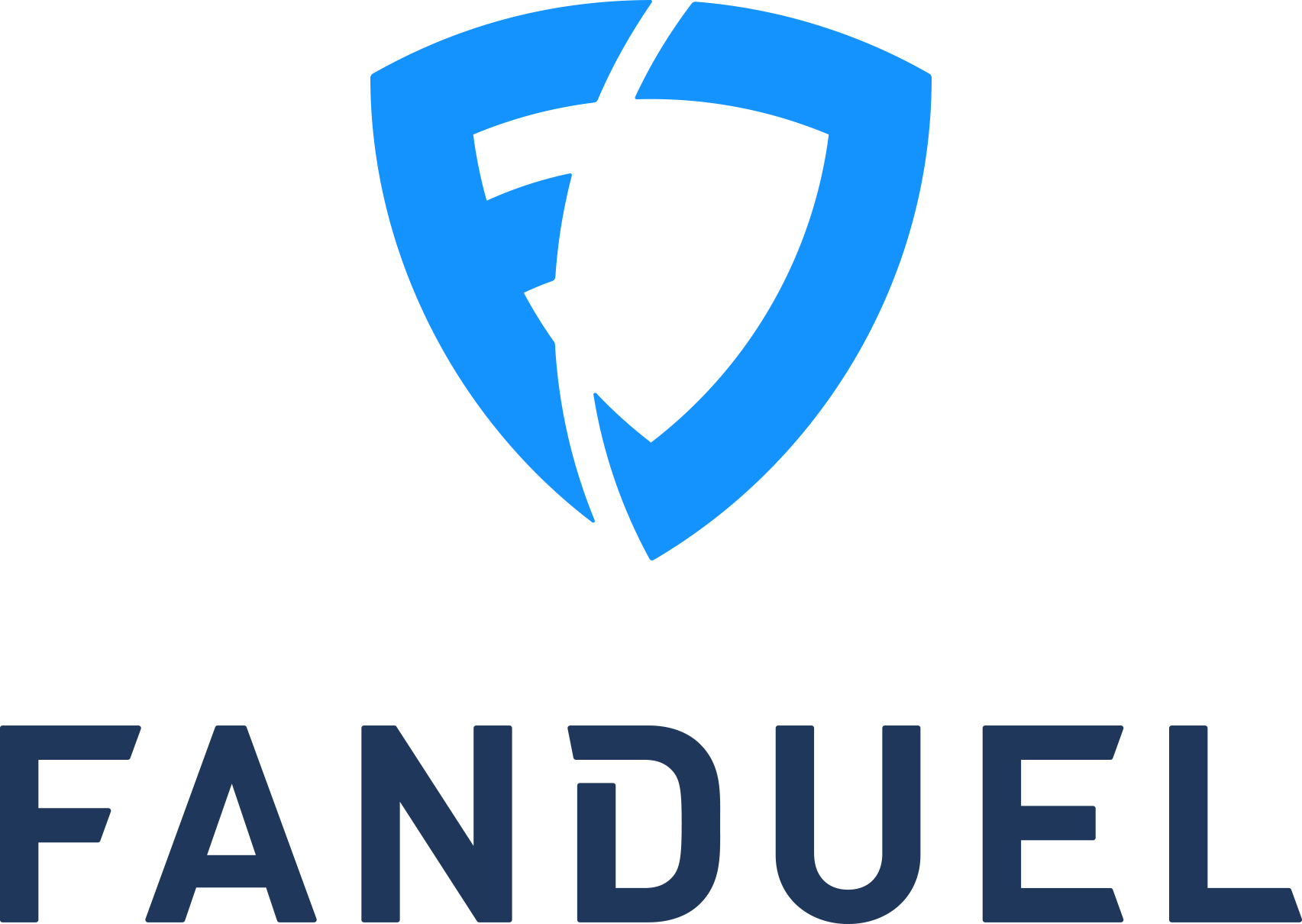 The image displays the FanDuel logo, featuring a stylized blue shield with a prominent 'F' shape and the word 'FANDUEL' written below in bold, dark letters.