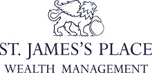 Logo for St. James's Place Wealth Management in blue, featuring a lion with one paw on a sphere above the company name.
