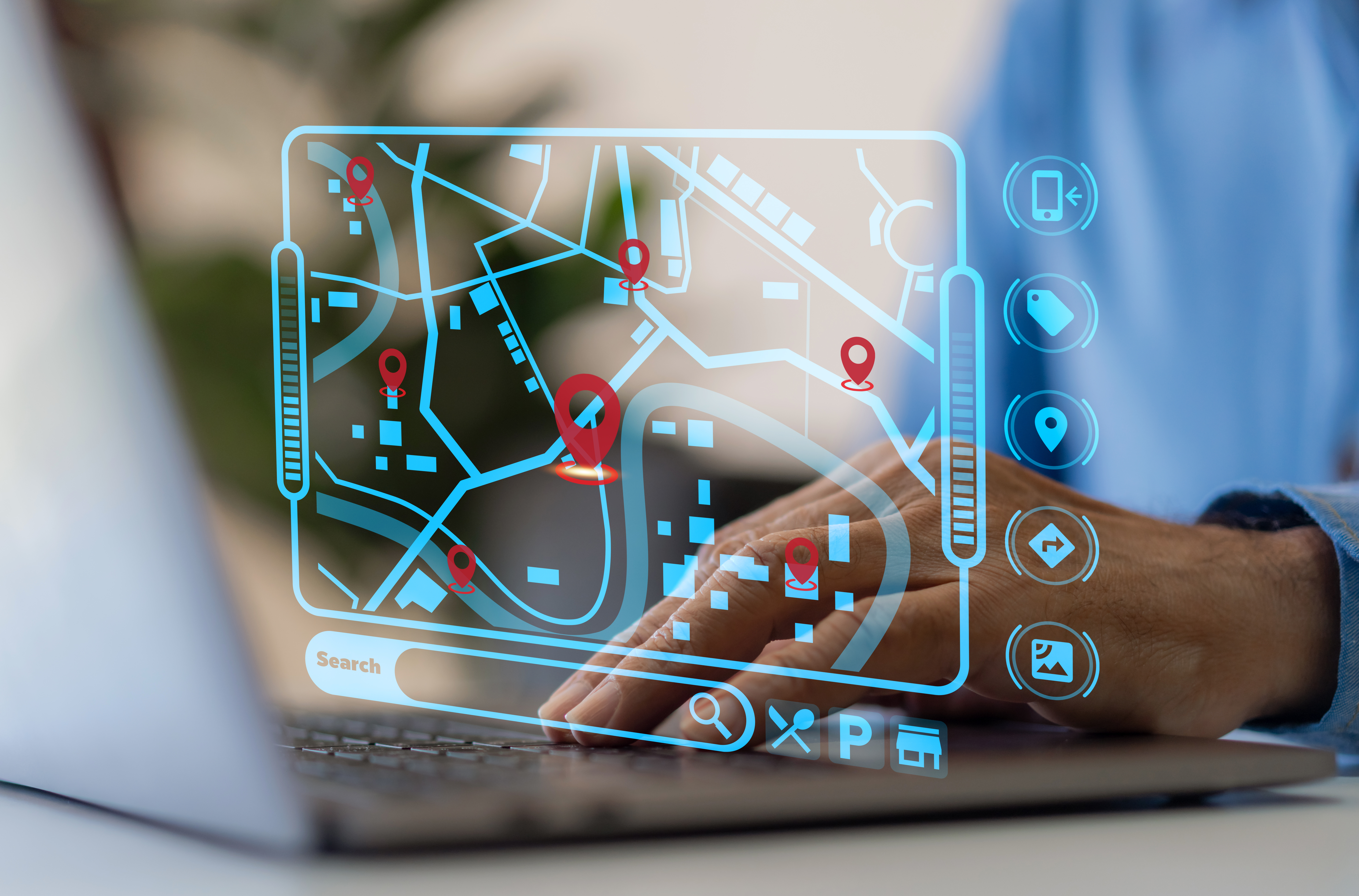 Technology smart navigation and location tracking with professional hand interacting with futuristic GPS map interface locations of services, delivery, travel app, logistics and transportation