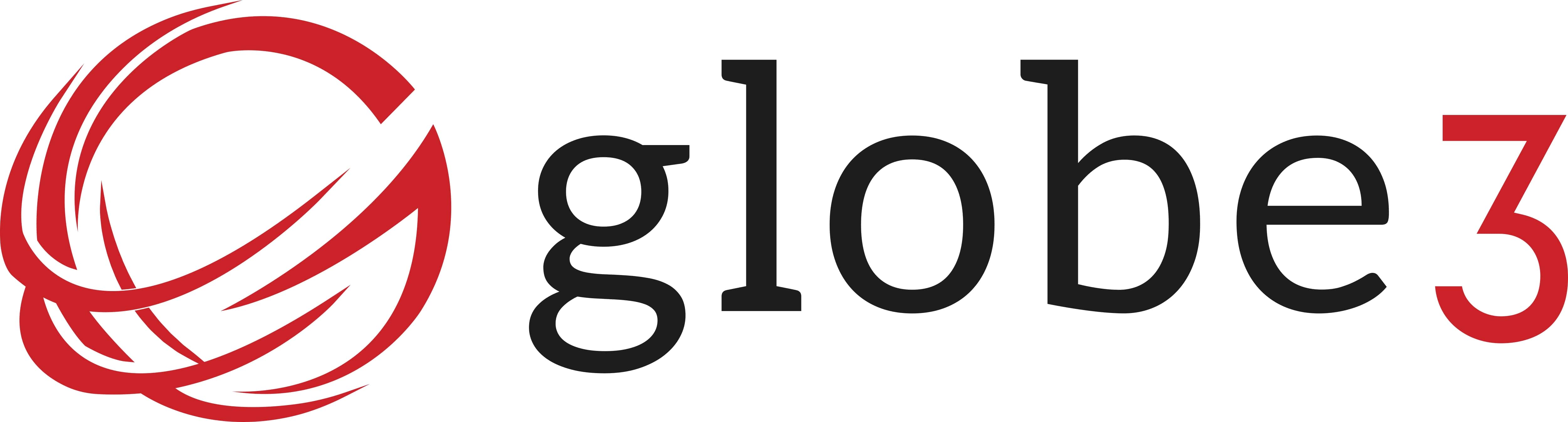 Logo for Globe3 with a circular abstract red design and 'globe3' text in black and red.