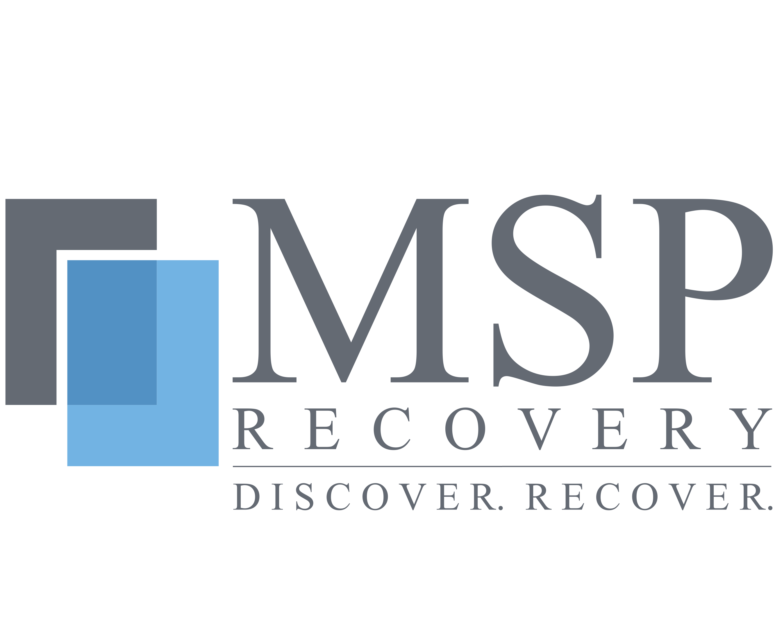 Logo for MSP Recovery featuring overlapping blue squares and the words 'MSP Recovery Discover. Recover.' in gray text.