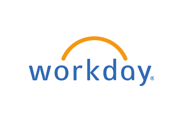 The Workday logo featuring the word 'workday' in blue lowercase letters with an orange arc above the text on a white background.