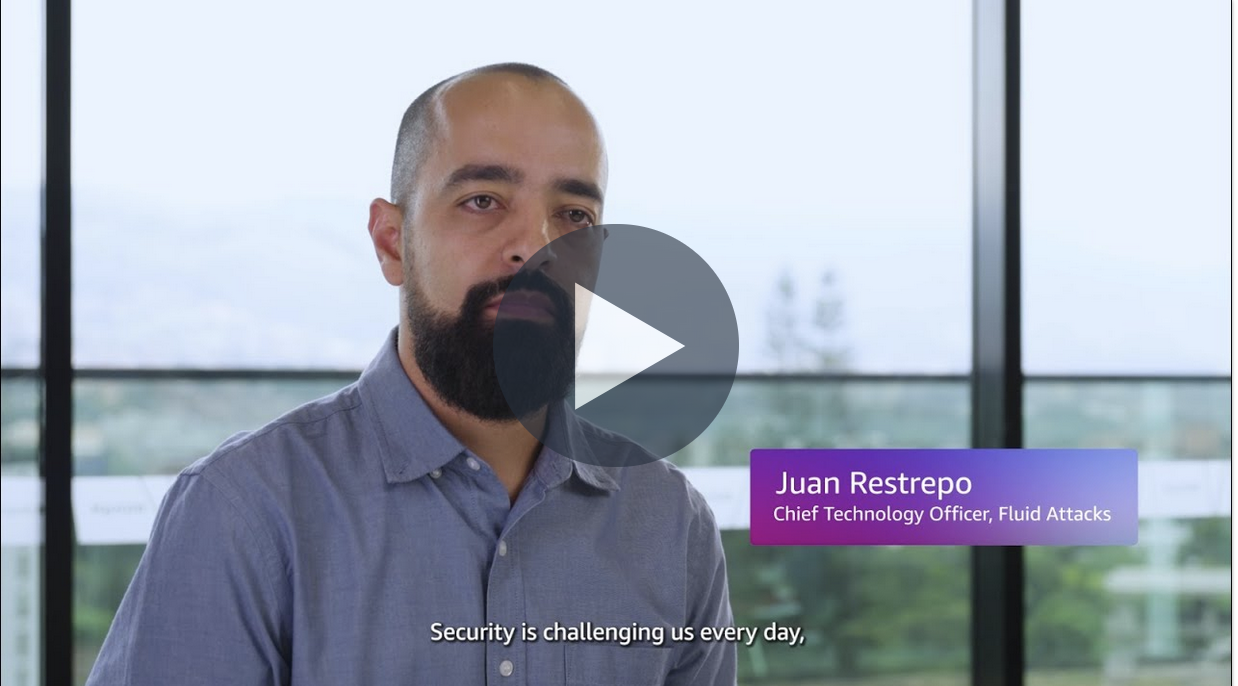 A video screenshot showing a person identified as the Chief Technology Officer of Fluid Attacks, with a caption that reads 'Security is challenging us every day.'