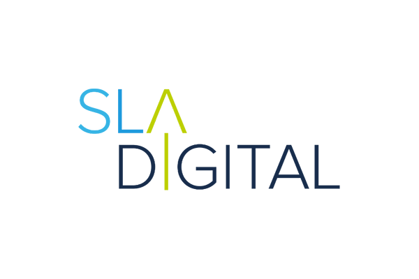 Logo of SLA Digital with stylized text in light blue, yellow, and dark blue colors on a transparent background.