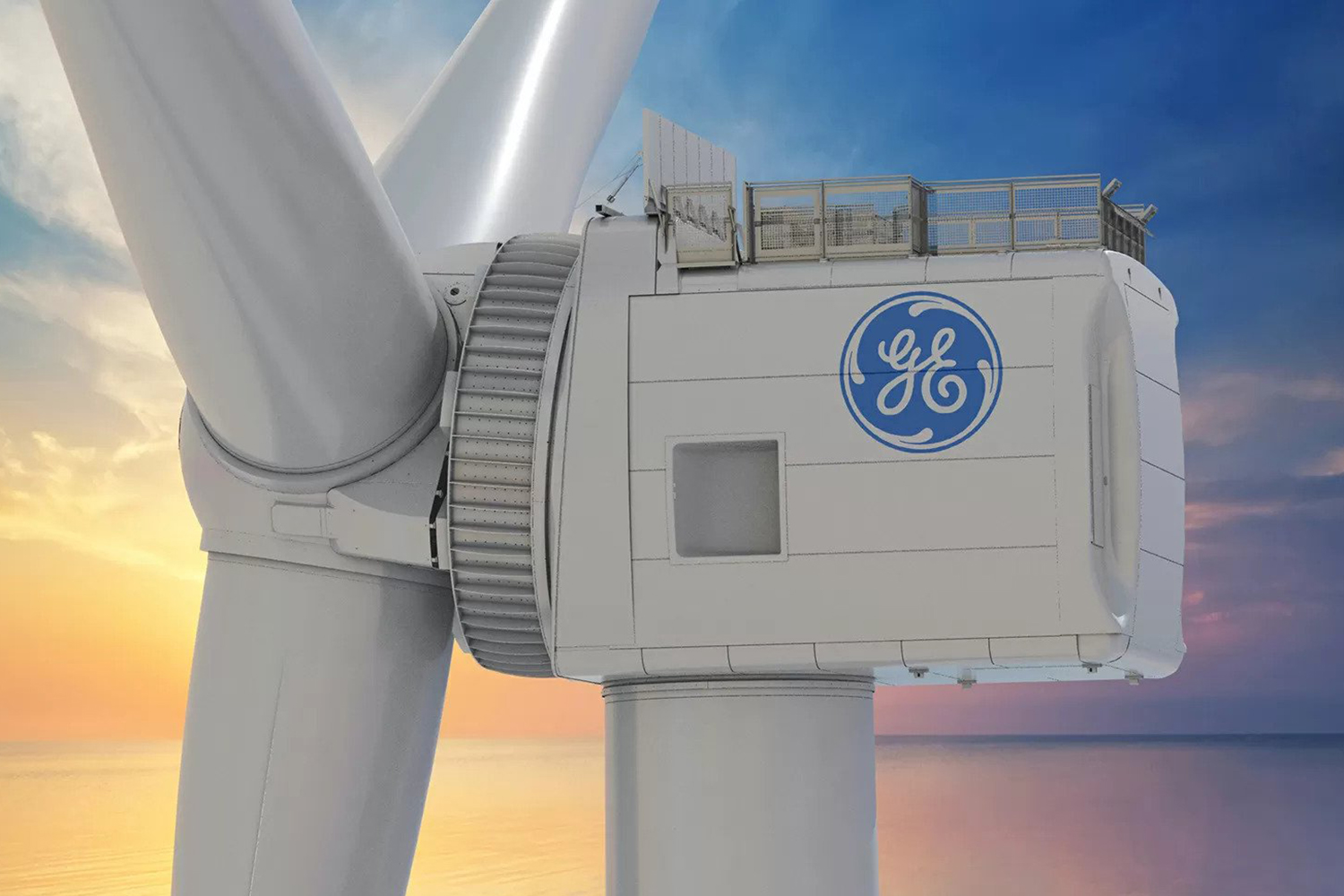 A close-up view of a GE wind turbine set against a colorful sunset sky, highlighting the rotor, nacelle, and the General Electric logo.