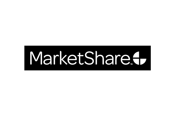 Black and white logo for MarketShare with stylized text and circular graphic element.