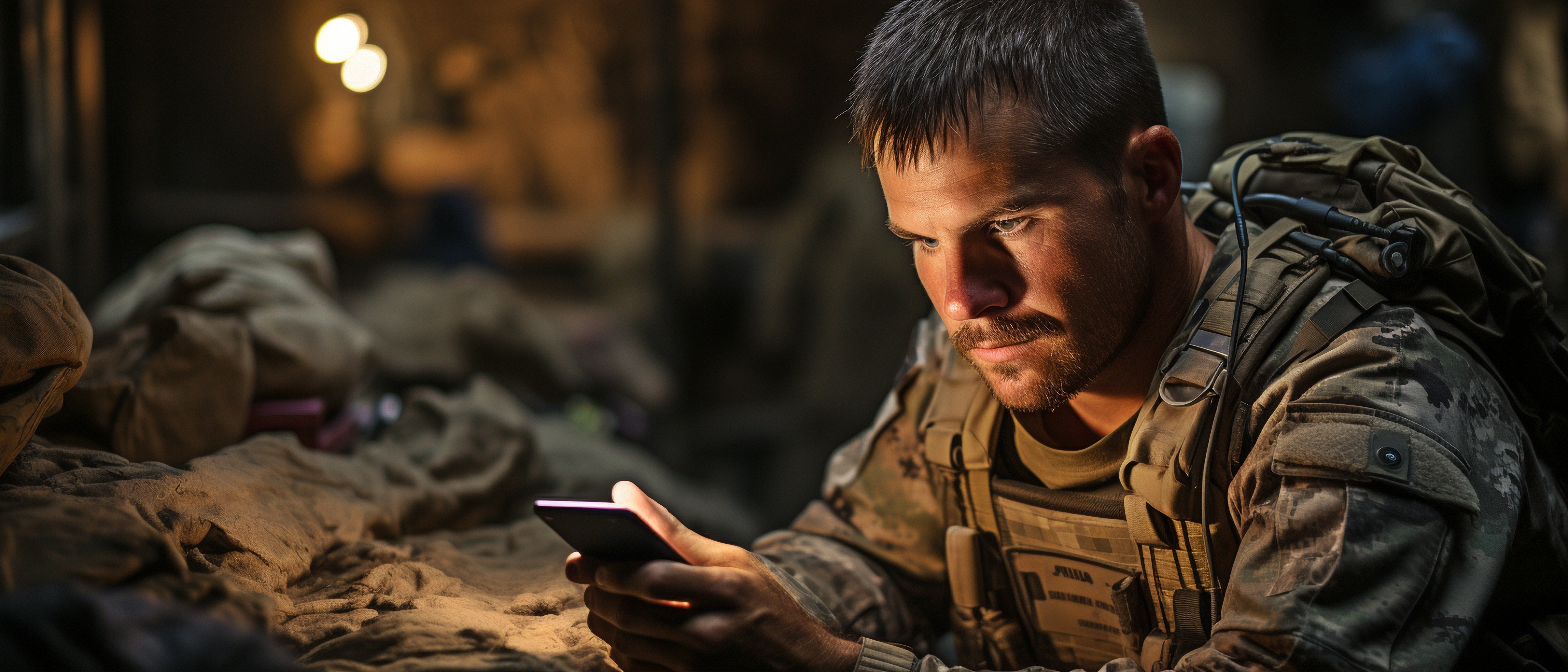 A military soldier in the middle of the boot camp using a cell phone. historical reenactment using a soldier and a texting smartphone that is out of date