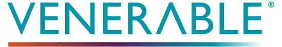 Horizontal logo for Venerable featuring the company name in teal font with a stylized 'A' and a color gradient underline.
