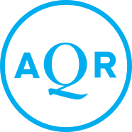 AQR company logo in blue text within a blue circle on a transparent background.