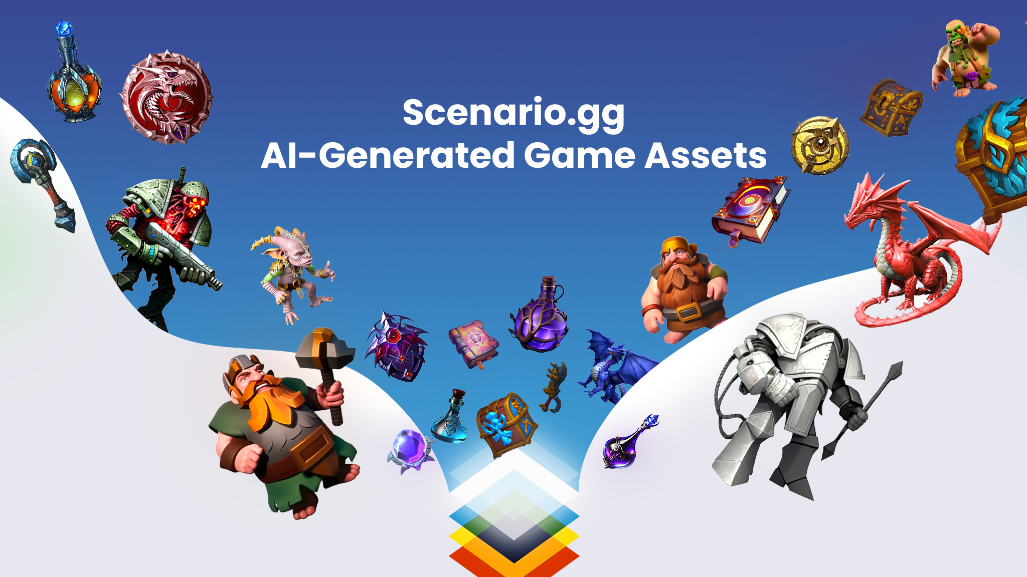 A promotional image featuring various AI-generated 3D game asset characters, items, and icons in a colorful fantasy style. The text 'Scenario.gg AI-Generated Game Assets' is displayed at the center of the image with a gradient blue background.
