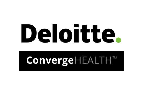 Logo image for ConvergeHEALTH by Deloitte, featuring the text 'ConvergeHEALTH' with a green geometric accent on a black background.