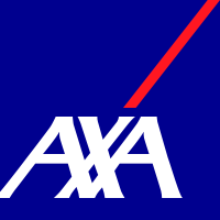AXA logo with white text on a blue background and a red diagonal line.