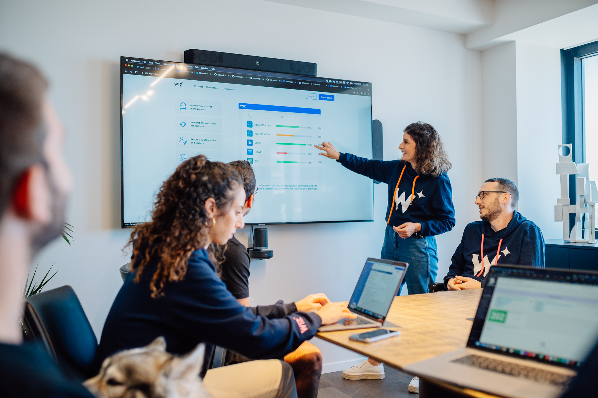 A group of people in an office setting participate in a team meeting, with a presenter pointing to a Wiz dashboard displayed on a large screen while others view their laptops.